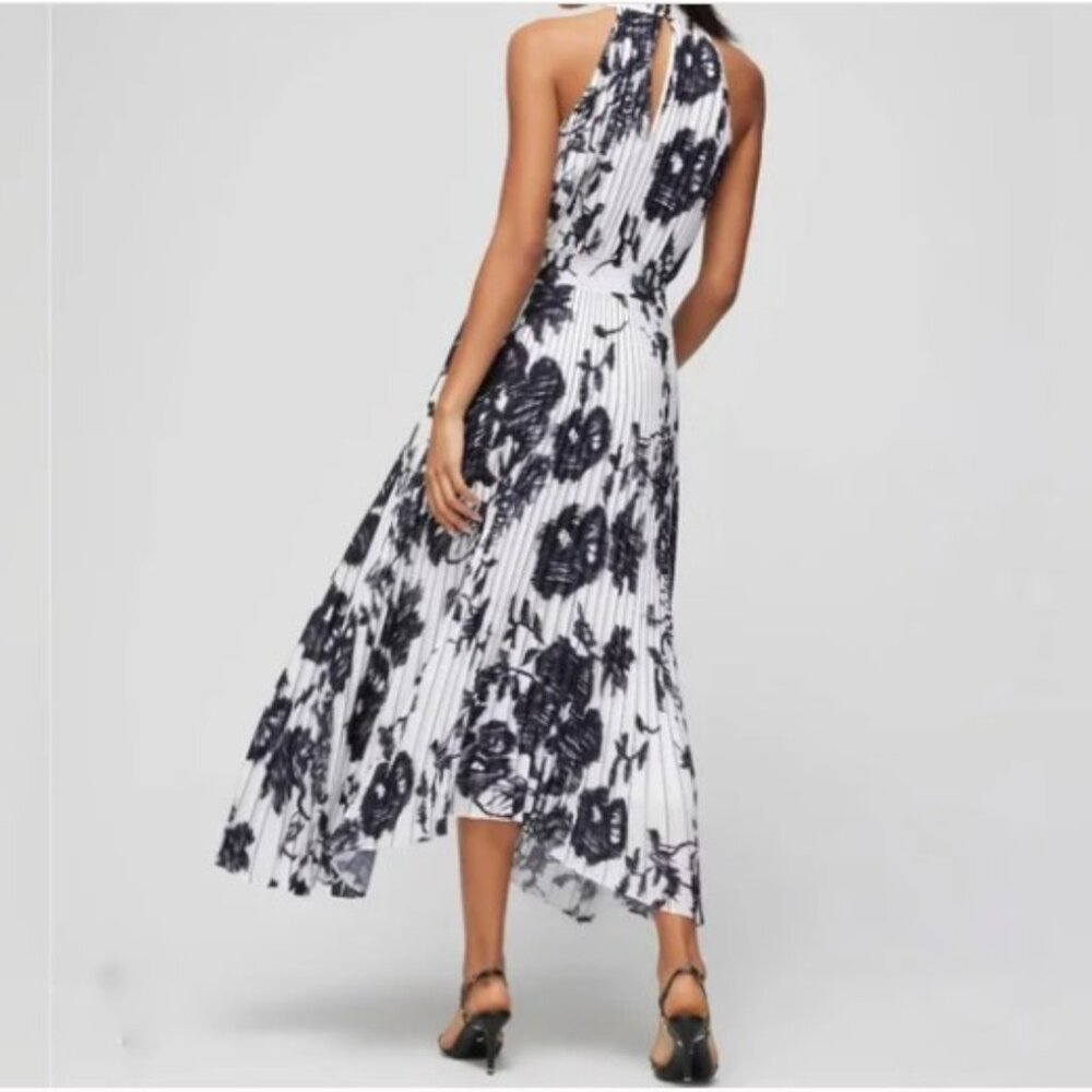 *NWT* WHBM Pansy Sketch Black & Ecru Sleeveless Halter Pleated Midi Dress Sz 4P - Picture 3 of 12